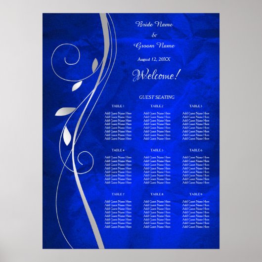 Silver Leaf Bright Blue Wedding Seating Chart Poster (Voorkant)