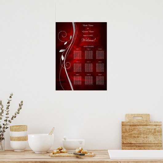 Silver Leaf Deep Red Wedding Seding Chart Poster (Keuken)