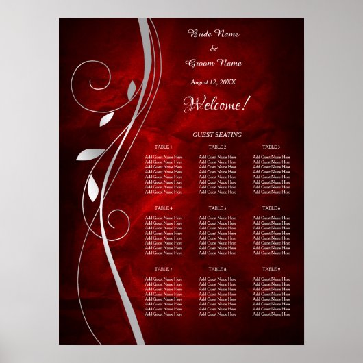 Silver Leaf Deep Red Wedding Seding Chart Poster (Voorkant)