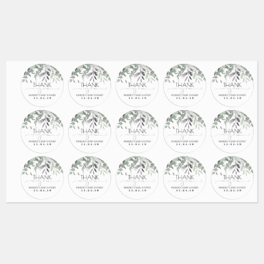 Silver Leaf Greenery Baby shower Waterdicht Labels (Vel)