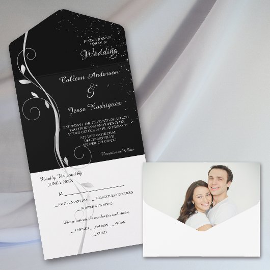 Silver Leaf Swirl Black Photo Template Weddenschap All In One Uitnodiging