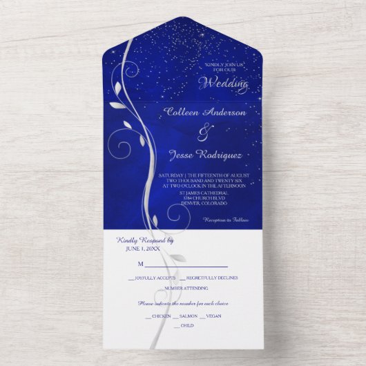 Silver Leaf Swirl Blue Photo Template Weddenschap All In One Uitnodiging (Binnen)