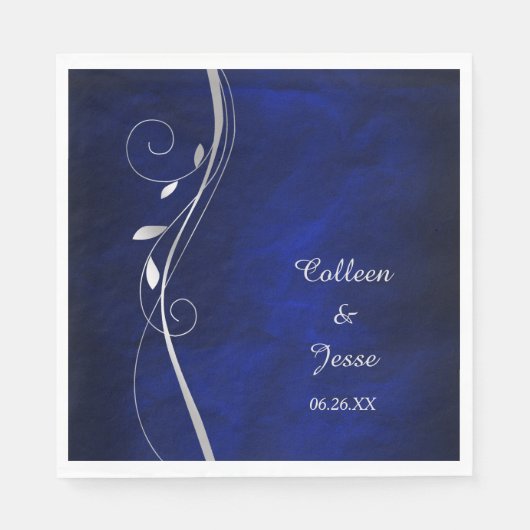 Silver Leaf Swirl Blue Wedding Napkins Servet (Voorkant)