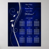 Silver Leaf Swirl Blue Wedding Seding Chart Poster (Voorkant)