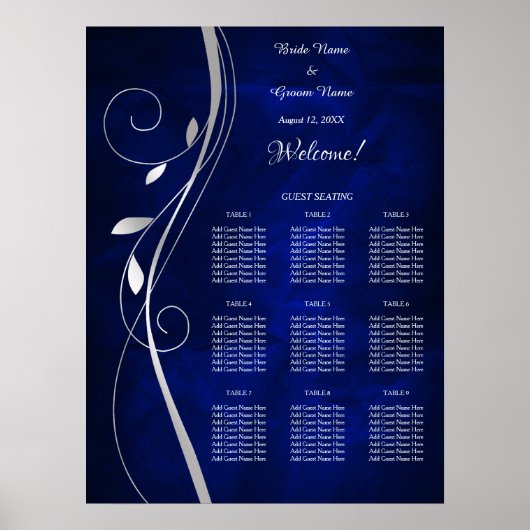 Silver Leaf Swirl Blue Wedding Seding Chart Poster (Voorkant)