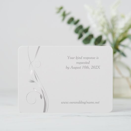 Silver Leaf Swirl Bord Grey Wedding RSVP Kaart (Staand voorkant)