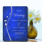 Silver Leaf Swirl Bright Blue Wedding Invitation Kaart