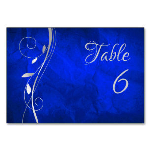 Silver Leaf Swirl Bright Blue Wedding Table Number Kaart