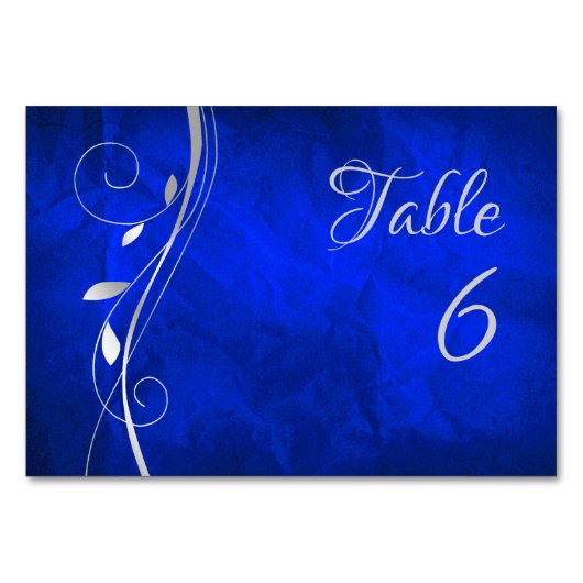 Silver Leaf Swirl Bright Blue Wedding Table Number Kaart (Voorkant)