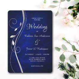 Silver Leaf Swirl Deep Blue Wedding Kaart
