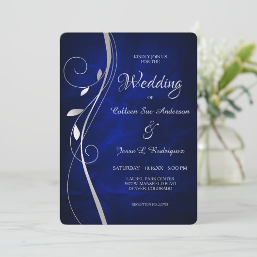 Silver Leaf Swirl Deep Blue Wedding Kaart (Staand voorkant)
