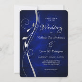 Silver Leaf Swirl Deep Blue Wedding Kaart (Voorkant)