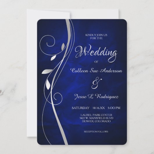 Silver Leaf Swirl Deep Blue Wedding Kaart (Voorkant)