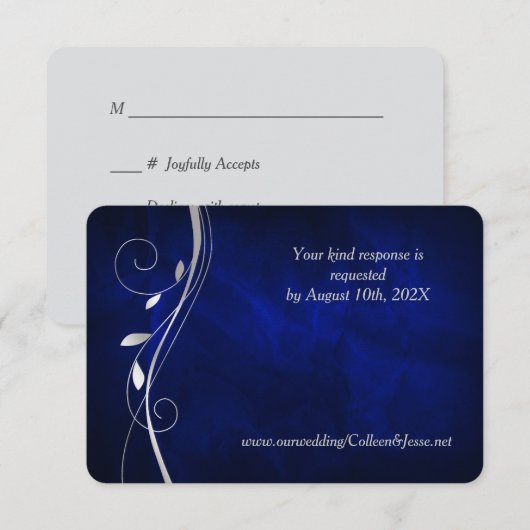 Silver Leaf Swirl Deep Blue Wedding RSVP Kaart (Voorkant / Achterkant)