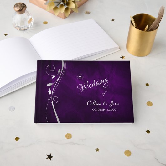 Silver Leaf Swirl Deep Paars Wedding Gastenboek (Voorkant open)