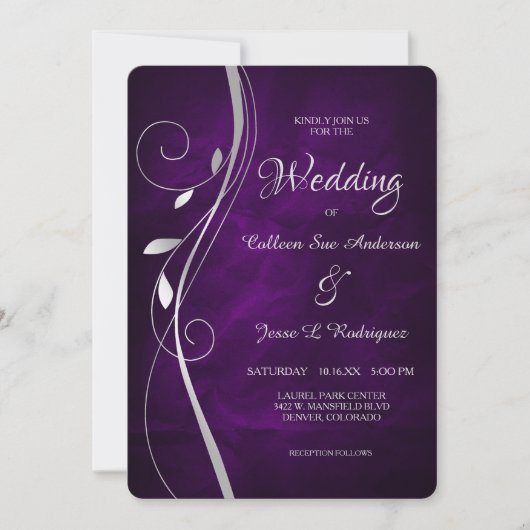 Silver Leaf Swirl Deep Paars Wedding Kaart (Voorkant)