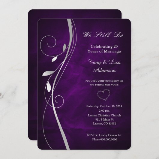 Silver Leaf Swirl Deep Paarse Vow Vernieuwing Kaart (Voorkant / Achterkant)