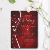 Silver Leaf Swirl Deep Red Wedding Kaart