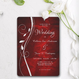 Silver Leaf Swirl Deep Red Wedding Kaart
