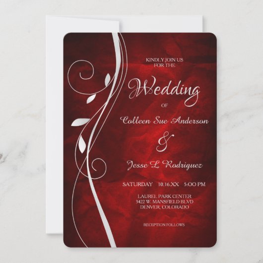 Silver Leaf Swirl Deep Red Wedding Kaart (Voorkant)