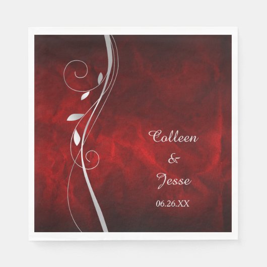 Silver Leaf Swirl Deep Red Wedding Napkins Servet (Voorkant)