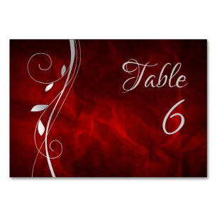 Silver Leaf Swirl Deep Red Wedtable Number Kaart