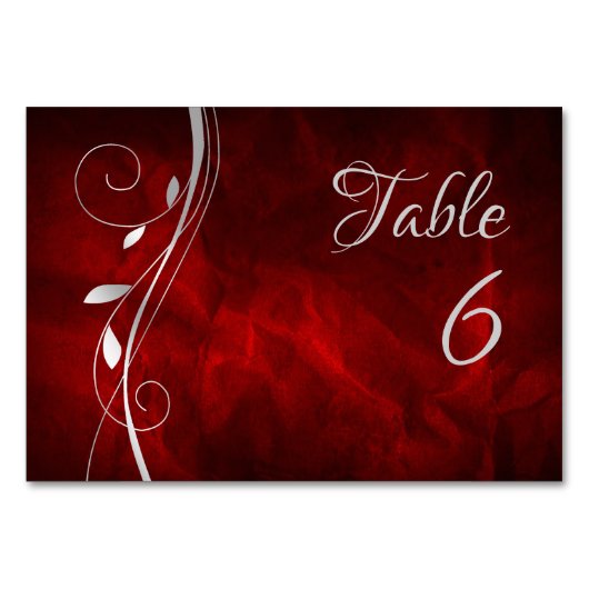 Silver Leaf Swirl Deep Red Wedtable Number Kaart (Achterkant)