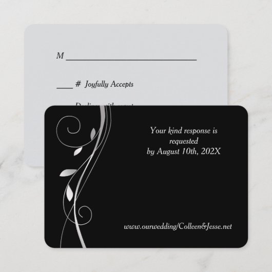 Silver Leaf Swirl Elegant Black Wedding RSVP-kaart RSVP Kaartje (Voorkant / Achterkant)