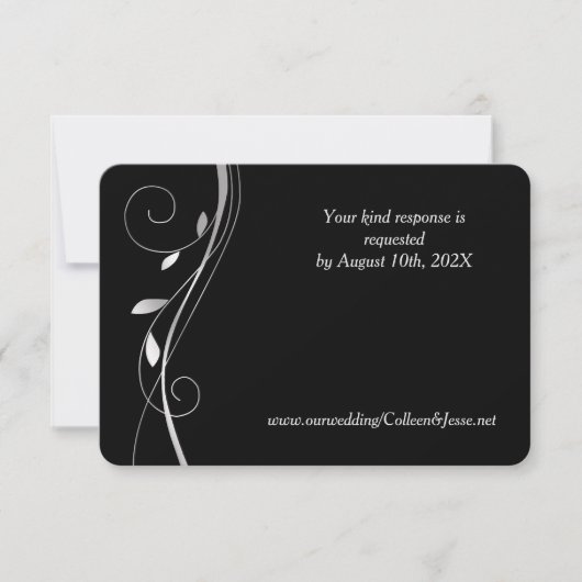 Silver Leaf Swirl Elegant Black Wedding RSVP-kaart RSVP Kaartje (Voorkant)
