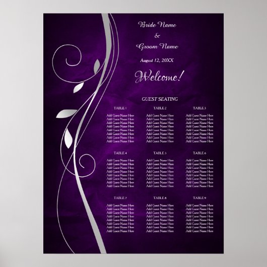 Silver Leaf Swirl Paars Wedding Seding Chart Poster (Voorkant)