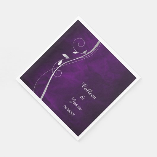 Silver Leaf Swirl Paars Wedding Servet (Hoek)