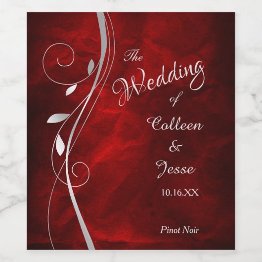 Silver Leaf Swirl Red Wedine Label Wijn Etiket (Enkel label)