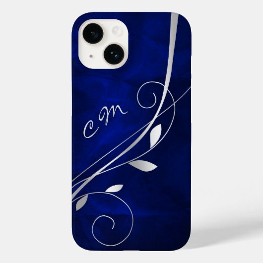 Silver Leaf Swirl Royal Blue Monogram Case-Mate iPhone Case (Achterkant)