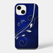 Silver Leaf Swirl Royal Blue Monogram iPhone Hoesje (Achterkant)