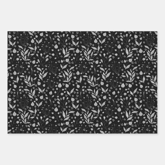 Silver Leaves Black en Grey Inpakpapier Vel (Voorkant)