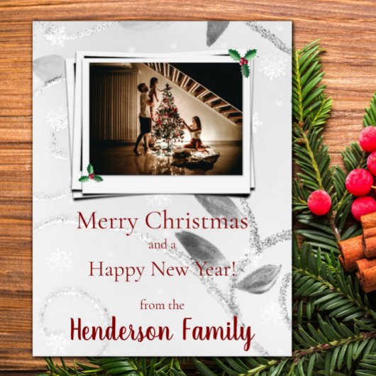 Silver Leaves Flat Holiday-fotokaart Feestdagenkaart