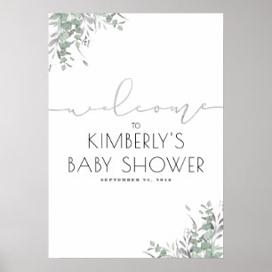Silver Leaves Greenery Elegant Baby shower Welcome Poster