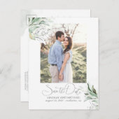 Silver Leaves Greenery Save the Date Foto Aankondigingskaart (Voorkant / Achterkant)