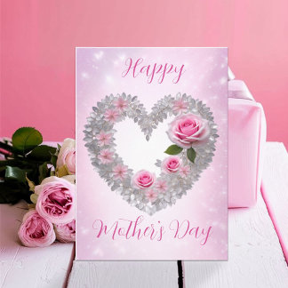 Silver Leaves Heart Pink Rose Happy Moederdag Kaart