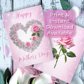 Silver Leaves Heart Pink Rose Happy Moederdag Kaart