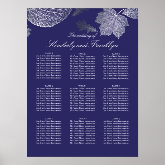 Silver Leaves Herfst Navy Wedding Seating Chart Poster (Voorkant)