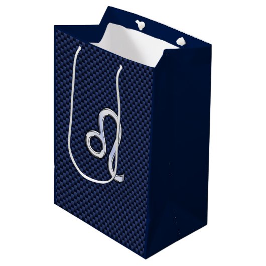 Silver Leo-symbool op Navy Blue Carbon Print Medium Cadeauzakje (Voorkant Gekanteld)
