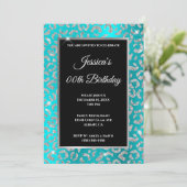 Silver Leopard Glitter Turquoise Blue Birthday Kaart (Staand voorkant)