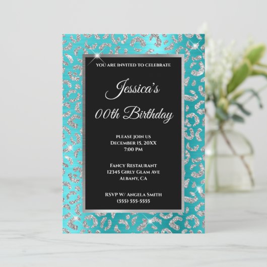 Silver Leopard Glitter Turquoise Blue Birthday Kaart (Staand voorkant)