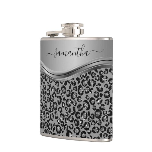 Silver Leopard Handgeschreven naam Metaal Heupfles (Links)