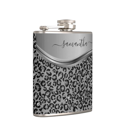 Silver Leopard Handgeschreven naam Metaal Heupfles (Rechts)