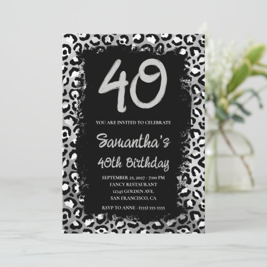 Silver Leopard Painted Black 40th Birthday Kaart (Staand voorkant)