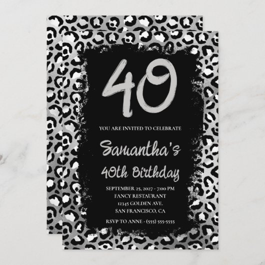 Silver Leopard Painted Black 40th Birthday Kaart (Voorkant / Achterkant)
