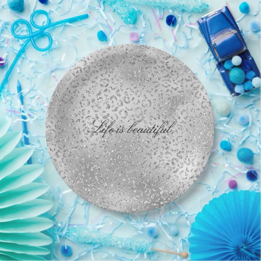 Silver Leopard Print Luxe Glitter Papieren Bordje (Feest)