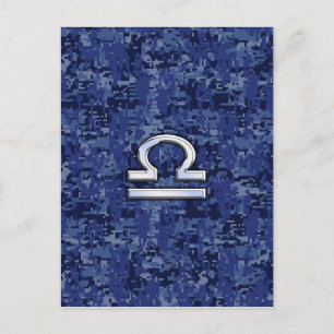 Silver Libra Zodiac Sign on blue digital camo Briefkaart